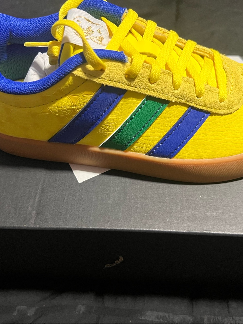 adidas Kids Yellow Sneaker with Blue & Green Stripes